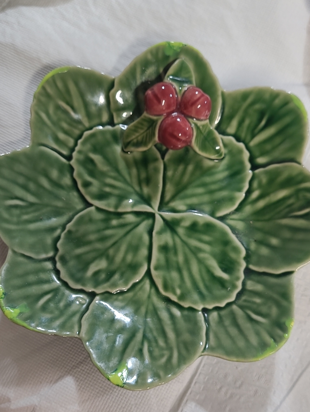 Vintage Bordello Pinheiro Green Ceramic Leaf Serving Plate with Red Berry Accent